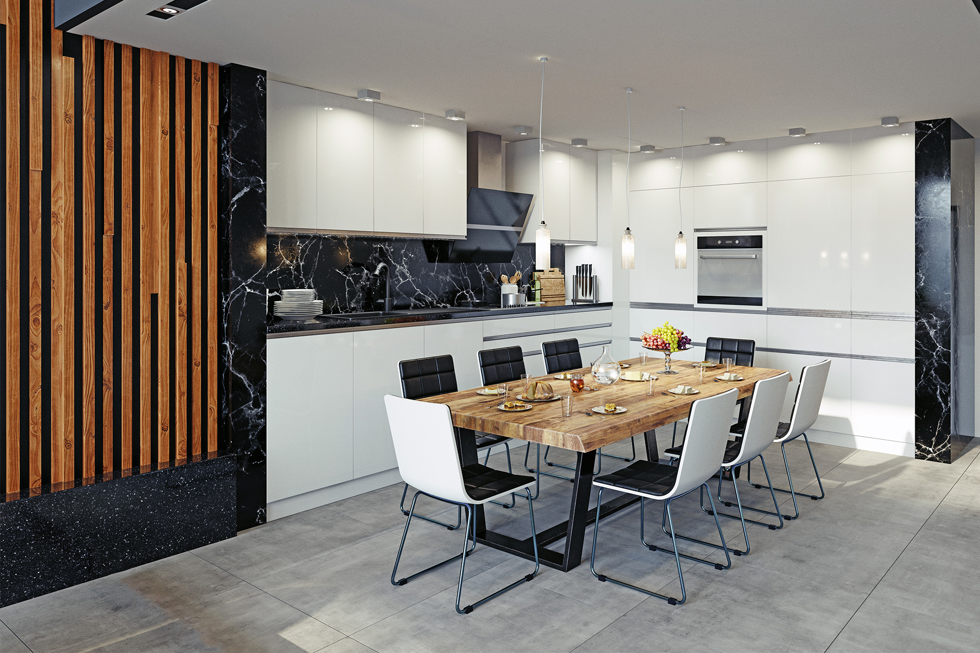 Hochmoderne Küche mit Holz- und Marmorelementen Offene Küche mit weißem Hochglanz-Design, Marmorpaneelen und Essbereich mit Holztisch und schwarzen Stühlen.